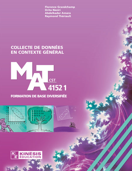 Vise l’acquisition de deux grandes compétences transversales : exercer son jugement critique et exploiter les technologies de l’information et de la communication. Au moyen de trois procédés intégrateurs : la réalisation d’une collecte de données, la comparaison de collectes de données et l’interprétation de données issues d’une expérience.

Destiné à la clientèle FGA, ce titre fait partie de la série FBD — formation de base diversifiée, séquence CST.

Un document supplémentaire au chapitre 2, section 2.1 vous est proposé par les auteurs. Format PDF téléchargeable, gratuitement. Ce document vous offre des notions supplémentaires quant à l’interprétation qualitative de la corrélation ainsi que quelques exercices afin de vous familiariser avec cette théorie et de mieux vous préparer à l’examen. Jusqu’à la parution d’une prochaine édition de ce titre, vous trouverez ce PDF sous « Documentation » du produit sur notre site web.

Achevé d’imprimer en mars 2019.