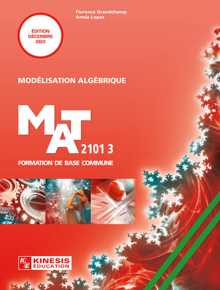 Vise l’acquisition de deux grandes compétences polyvalentes : communiquer avec clarté et raisonner avec logique.
Au moyen de trois catégories d’actions : interprétation de modèles algébriques, production de modèles algébriques et détermination de valeurs inconnues à l’aide de modèles algébriques.

Destiné à la clientèle FGA, ce titre fait partie de la série FBC — formation de base commune.

Achevé d’imprimer en décembre 2022.