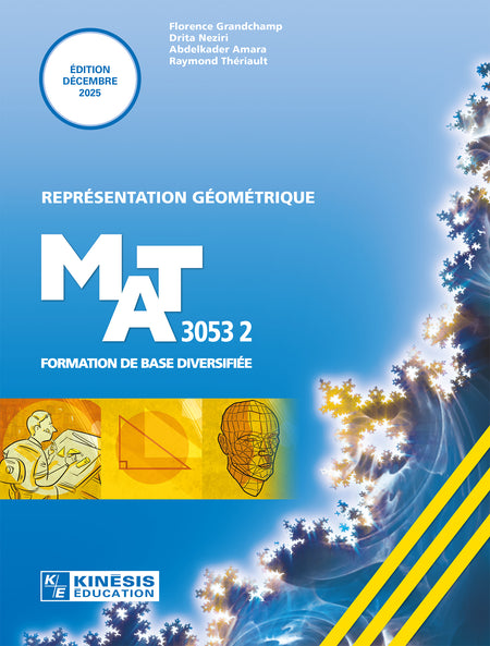 Vise l’acquisition de deux grandes compétences transversales : exploiter les technologies de l’information et de la communication
et mettre en œuvre sa pensée créatrice. Au moyen de deux procédés intégrateurs : la description et la représentation bidimensionnelle
ou tridimensionnelle d’un objet ou d’un espace physique ; la conception de l’aménagement d’un espace physique.

Destiné à la clientèle FGA, ce titre fait partie de la série FBD — formation de base diversifiée.

Achevé d’imprimer en décembre 2025.