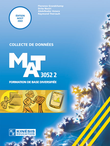 Vise l’acquisition de deux grandes compétences transversales : exercer son jugement critique et communiquer de façon appropriée.
Au moyen de trois procédés intégrateurs : la réalisation d’une collecte de données ; la comparaison de collectes de données ; l’interprétation de données issues d’une expérience.

Destiné à la clientèle FGA, ce titre fait partie de la série FBD — formation de base diversifiée.

Achevé d’imprimer en août 2022.