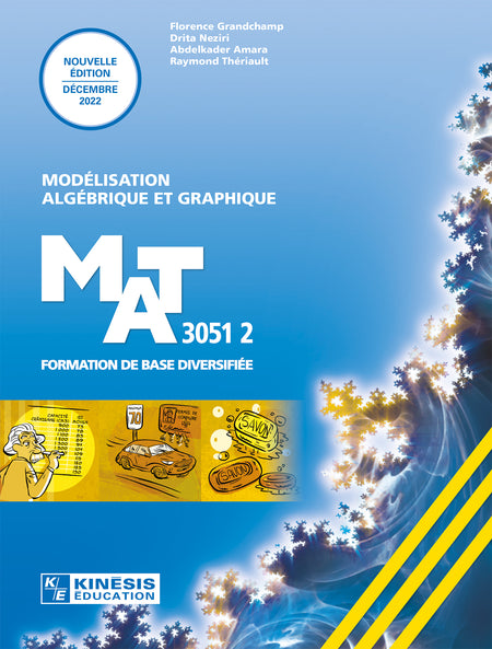 Vise l’acquisition de deux grandes compétences transversales : se donner des méthodes de travail efficaces et communiquer de façon appropriée. Au moyen de trois procédés intégrateurs : la représentation d’une situation par un modèle algébrique ou graphique ; l’interpolation ou l’extrapolation à partir d’un modèle algébrique ou graphique ; la généralisation d’un ensemble de situations à l’aide d’un modèle algébrique ou graphique.

Destiné à la clientèle FGA, ce titre fait partie de la série FBD — formation de base diversifiée.

Achevé d’imprimer en décembre 2022.