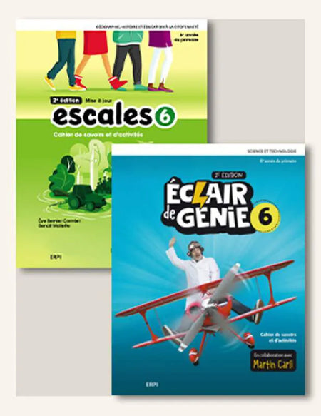 
Escales 6 2e édition Mise à jour cahier de savoir et d’activités (9782766108893), Éclair de génie 6, 2 édition - Cahier de savoirs et d’activités (9782766150137), Escales 5-6  2ed édition Carte plastifiée (978276610070)