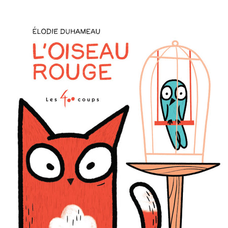 Un chat rouge. Pardon…! Un oiseau rouge, qui ressemble étrangement à un chat, demande à un oiseau bleu vivant dans une cage de lui montrer comment voler. Méfiant, l’oiseau bleu lui explique qu’il lui est impossible de lui montrer de l’intérieur de sa cage. L’oiseau rouge lui offre d’ouvrir la porte pour qu’il lui montre. « Mais si je sors, tu me manges », lui répond l’oiseau bleu.
Après Le croco qui vit chez papi, Élodie Duhameau revient avec son deuxième livre en tant qu’autrice-illustratrice. Il s’agit cette fois d’une fable contemporaine mettant en vedette un chat rouge qui se prend pour un oiseau (ou qui le fait peut-être seulement pour arriver à ses fins, qui sait ?) et un oiseau bleu peut-être plus futé qu’il en a l’air. Une confrontation fort amusante qui amènera le lecteur à se poser plusieurs questions.
